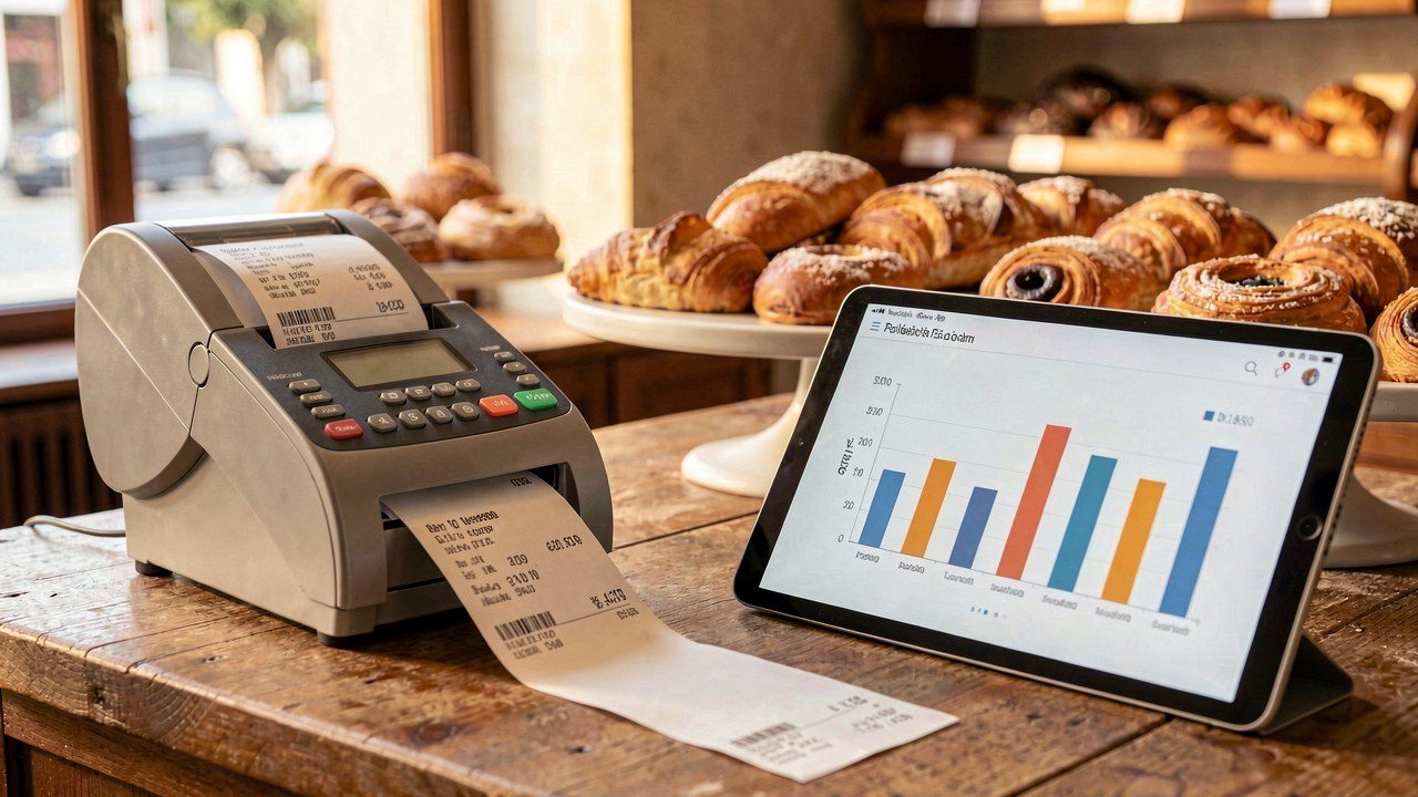 Registratore di cassa che stampa lo scontrino accanto a un tablet con i grafici delle vendite