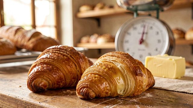 Due cornetti sfogliati con burro e bilancia sul banco di una pasticceria